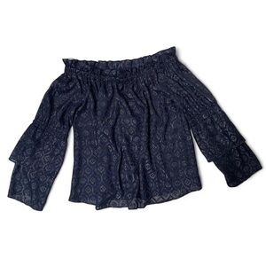 Lucky Brand Navy Blue Iridescent off the shoulder Top with Bell Sleeves